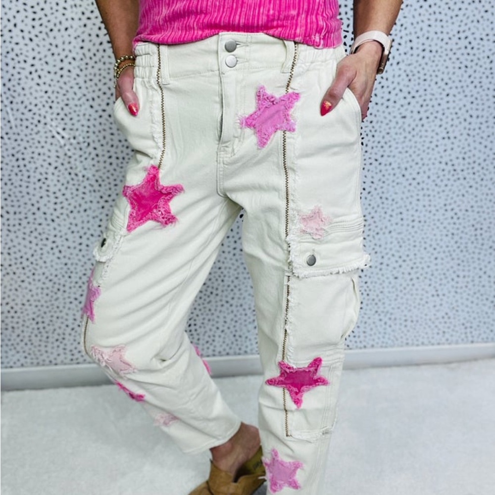 Oli & Hali Cream Cargo Jeans with Pink Star Patches
